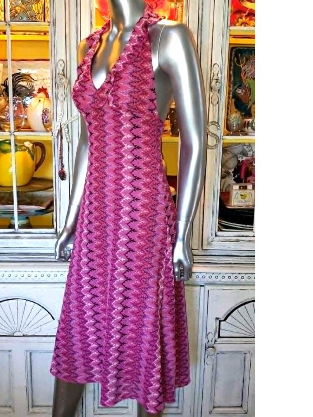 Betsey Johnson Vintage New York Y2K 90s Open Woven Knit Pink Midi Halter Dress S - Picture 9 of 16